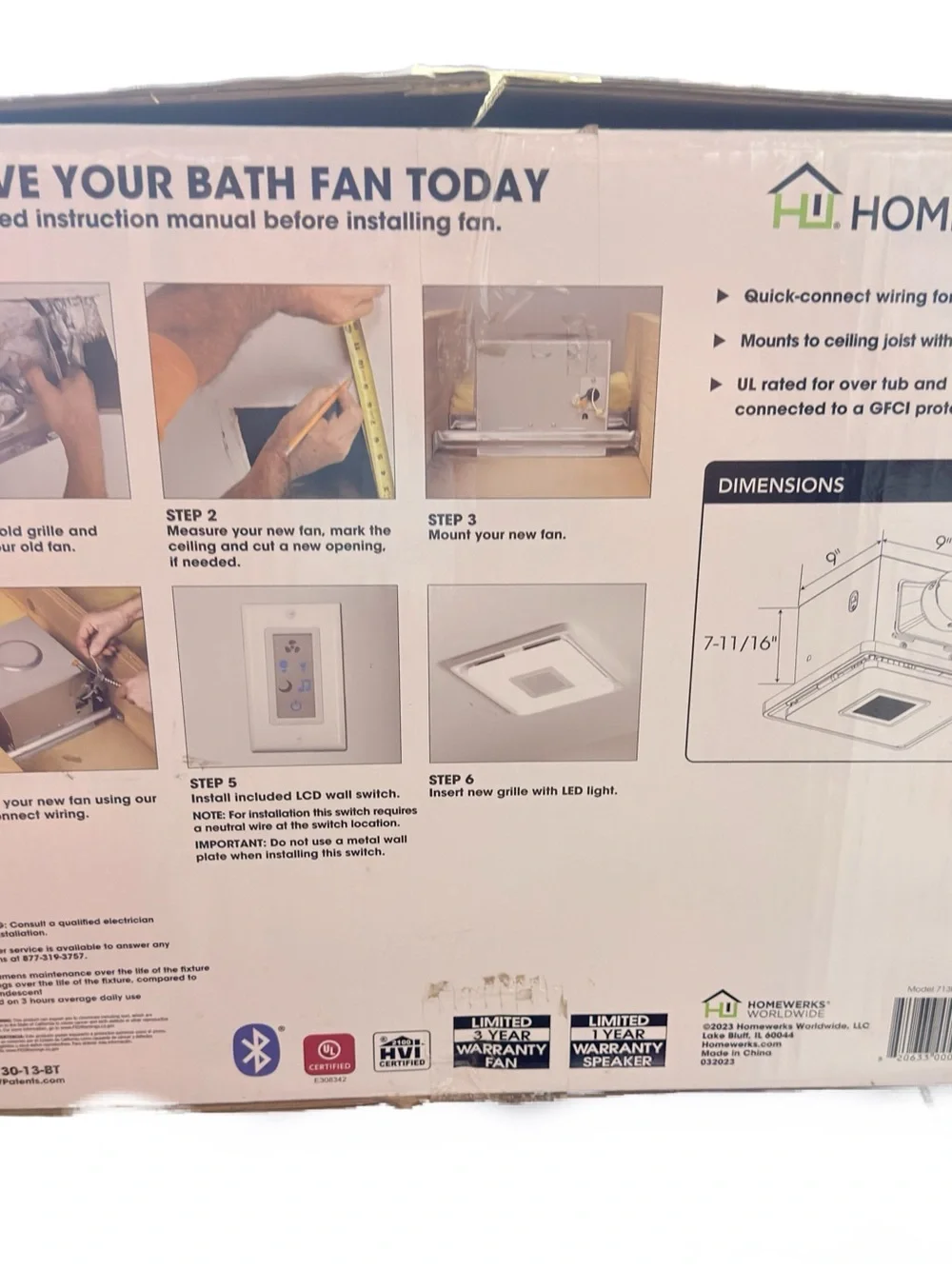 Homewerks White Bath Fan with Bluetooth Speaker and LED Night Light